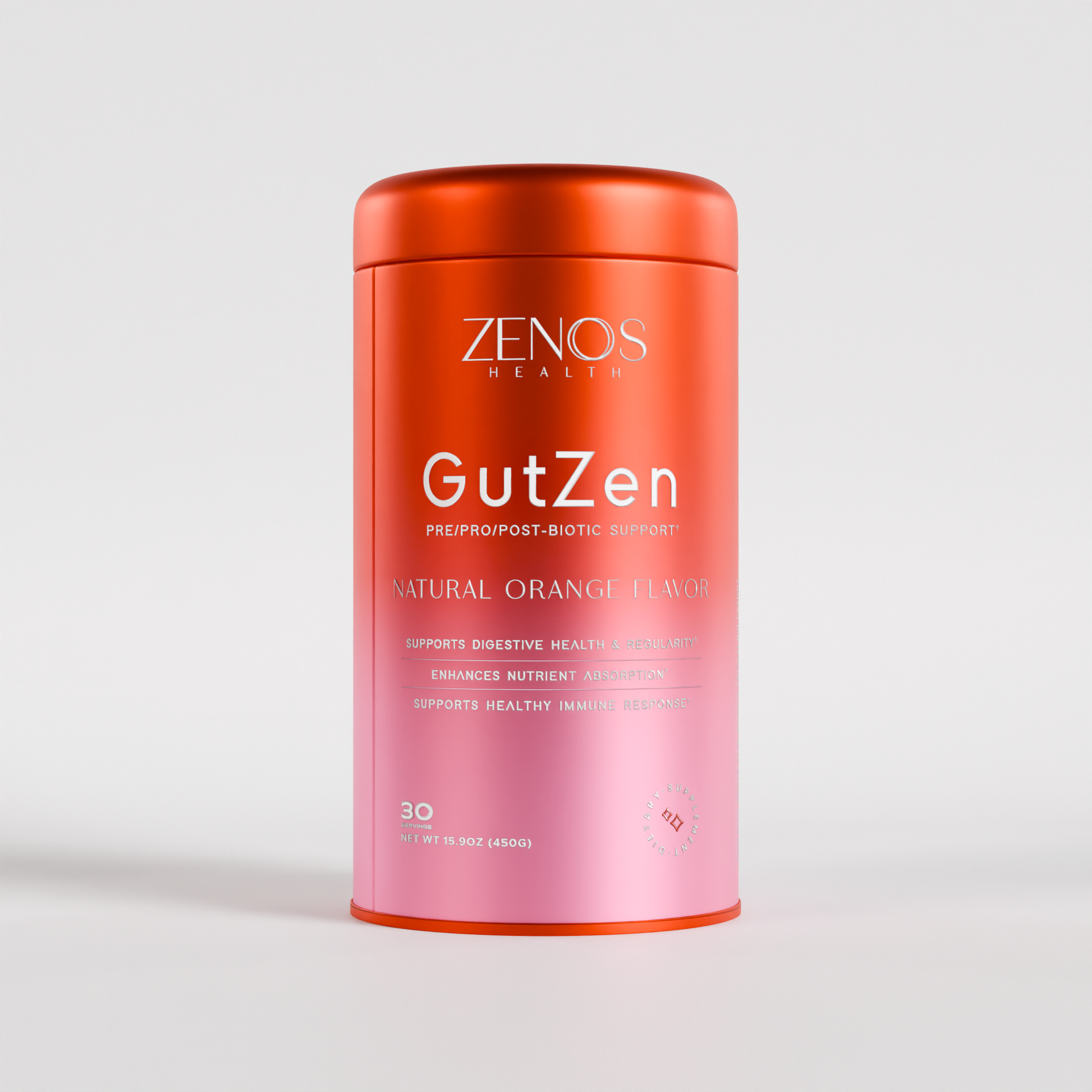 ZENOS Health GutZen supplement container on a light gray background